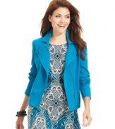 A classic moto-inspired silhouette gets made into an ultramodern blazer in bold colors to choose from. By Ellen Tracy.