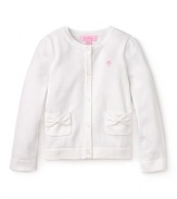 Pink and pretty with bright white buttons and pocket bow details, this Lilly Pulizter cardigan's sure to be her girly go-to sweater.