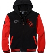 With the throwback look of a varsity jacket, this LRG hoodie scores sporty style in your casual wardrobe.