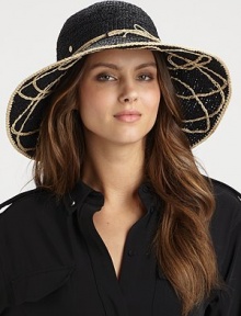 A high contrast, crocheted style with natural appeal and looped design under brim. RaffiaTie detailSateen elastic inner bandBrim, about 4¾Imported 