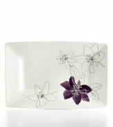 Hand-painted purple and white flowers sprawl across this rectangular platter, giving your tabletop a contemporary garden vibe. In glazed earthenware, the Anna Plum set from the Laurie Gates collection of dinnerware and dishes is an easy way to spruce up your decor for small gatherings or quiet nights at home.