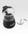 This stylish, compact food chopper is ideal for small jobs, sauces, frostings and dressings. Reverse spiral action with a stainless steel blade for precise chopping and a 3-cup work bowl with a domed lid.For use with US power sockets only.