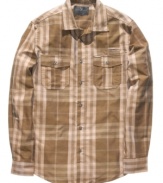 An over-sized light plaid seems to dissolve into deep blues, taking the typical plaid up a notch in this Charred Plaid long-sleeved shirt from Marc Ecko.