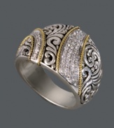 Make a statement of pure elegance. Balissima by Effy Collection's unique ribbon ring features a scrolling filigree setting and sparkling, round-cut diamonds (1/4 ct. t.w.). This statement ring is crafted in sterling silver with 18k gold accents. Size 7.