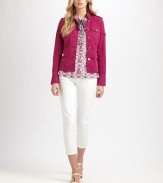 Iconic Tory Burch buttons adorn this twill jacket with convenient patch pockets and a chic, shrunken fit. Stand collarEpaulettesButton closurePatch pocketsPrincess seamsAbout 21 from shoulder to hemCotton/spandexDry cleanImportedSIZE & FIT Model shown is 5'10(177cm) wearing a US size Small. 