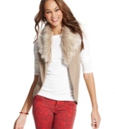 Modernize your day look with high-style in Dolled Up's faux-fur trim, cocoon-style vest!