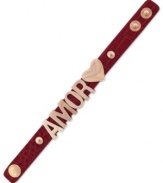 A look you're sure to love. BCBGeneration's Amor affirmation bracelet is crafted from rose gold-tone mixed metal on a stylish red croco band for a fashion-forward touch. Approximate length: 8 inches.