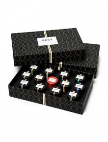 The NEST Luxe Votive Set consists of individual votive candles representing each of the 12 NEST Everyday Fragrances as well as NEST Holiday. Each votive is wrapped in a distinctive band unique to each scent. Approximate burn time is 4-5 hours. 0.95 oz. each. 