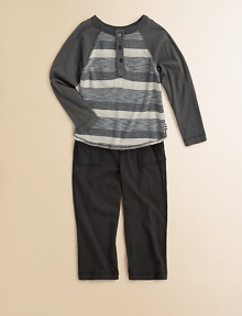 A handsome, striped set with long sleeves and matching cozy pants.  Shirt Ribbed crewneckLong sleevesButton-front Pants Elastic waistbandFront patch pocketsCotton/modal/spandexMachine washImported