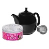 Set comes with a Chantal 30 oz. teapot with stainless steel mesh infuser and one 4.4 oz. tin of premium Sweet Love Tea by Kusmi Tea of Paris.