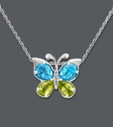 Pretty colorful wings will set your heart aflutter. Embrace nature with this delicate butterfly pendant featuring oval-cut blue topaz (1-5/8 ct. t.w.) and pear-cut peridot (7/8 ct. t.w.) wings and a diamond-accented body. Crafted in sterling silver. Approximate length: 18 inches. Approximate drop: 1/2 inch.