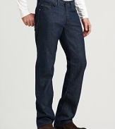 The Protégé is a classic straight leg jean with the signature stitching on back pockets and deep, true-blue rinse.