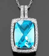 A breath of fresh air. This beautiful necklace features emerald-cut blue topaz (7-1/2 ct. t.w.) and round-cut diamond (1/5 ct. t.w.) set in 14k white gold. Approximate length: 18 inches. Approximate drop: 3/4 inch.