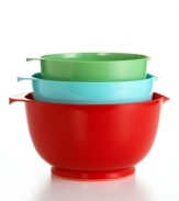 Measure, mix and pour – all in the same bowl! This colorful collection of plastic mixing bowls features a helpful nonskid base that maintain a tight grip with the tabletop as you stir. Limited lifetime warranty.