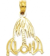 Nestled pretty underneath a palm tree is the Hawaiian word Aloha in a statement-making script upon this 14k gold charm. Chain not included. Approximate drop length: 4/5 inch. Approximate drop width: 3/5 inch.