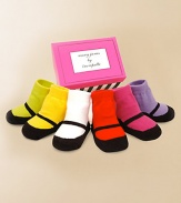 The sweetest socks baby will ever wear! Six pairs in assorted brights are packaged in a very special shoe box. Perfect for giving. Non-skid bottoms Appropriate for ages 0-12 months Cotton; machine wash Imported