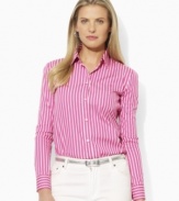 A feminine interpretation of classic menswear style, this petite Lauren by Ralph Lauren shirt is tailored for polished elegance in crisp cotton broadcloth with bright variegated stripes.