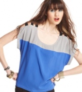 '80s fun meets modern day chic with a Material Girl top that pairs elastic band cutout sleeves with trend-right colorblocking!