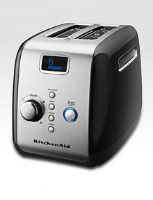 A two-slice, one-touch motorized lift control toaster features an LCD display with a digital progress bar and extra-wide 1.5 slots that accept the thickest bagels, breads or pastries.For use with US power sockets only. Adaptable for use in Europe with a converter.Durable temperature knob with light/dark indicatorAll-metal constructionRemovable crumb trayLCD display with digital progress barKeep Warm, Bagel, Defrost, Reheat, and Toast/Cancel buttons Imported