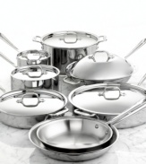 Great kitchens start with top-quality All-Clad cookware. The popular stainless steel collection is constructed of a durable, hand-polished 18/10 stainless steel surface and a pure aluminum core. Long stay-cool handles and stainless lids top the collection off! Lifetime warranty.