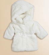 An ultra-cozy, ultra-trendy faux fur topper with snap-off hood, grosgrain ribbon and bow trim.Detachable hoodRound collarFront snap closureCinched waistband with grosgrain ribbon and bowFully linedAcrylicDry cleanImported Please note: Number of snaps may vary depending on size ordered. 