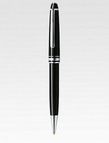 Ballpoint with twist mechanism at tip, with barrel and cap made of precious resin and floating logo emblem.BallpointPlatinum-plated clipResin with inlaid logo emblemAbout 5½ longMade in Germany