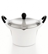 A new look. Give your kitchen a modern update with this incredibly light and sophisticated cast aluminum covered stockpot, which masters stocks, stews, soups and more like a true professional. Providing fast & even heat distribution, the sleek vessel features a phenolic resin stay-cool handle, easy-pour spout and a striking silhouette that creates an art show on the stovetop. 3-year warranty.