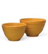 Whisk and fold with a style icon. In two sizes to separate wet and dry ingredients, these Fiesta mixing bowls make baking a blast. Bold solid colors in durable, chip-resistant china offer endless opportunities to brighten up your kitchen.