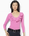 Lauren by Ralph Lauren's ribbed cotton top exudes timeless beauty with elegant ruffles along the neckline. (Clearance)