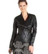 Alfani's faux leather jacket features edgy-chic details, like a moto silhouette and asymmetrical zipper closure.