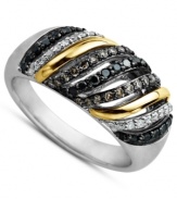 A luxurious, swirling mix. This pretty ring combines a sterling silver and 14k gold setting with round-cut black diamonds (1/3 ct. t.w.) and white diamonds (1/10 ct. t.w.) for ultimate sparkle. Size 7.