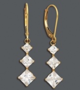 Illuminate your look with face-framing drops. Three, square-cut cubic zirconias (4-1/3 ct. t.w.) dangle from a polished, 14k gold, leverback setting. Approximate drop: 1-1/2 inches.