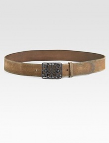 Distressed leather and a beaded openwork silvery buckle create a rich contrast of the rugged and the refined.Distressed leather strap and keeperRectangular openwork buckle with adjustable stud closureWidth, about 1½Imported