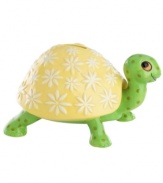 Shell out. Gorham's sweet Sun Burst turtle bank provides plenty of reasons for kids to save their allowance, from its flower-embossed shell to a spotted green body and friendly smile.