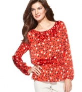 A laid-back peasant top gets modernized with punchy polka dots in this look from Ellen Tracy! Pair it with white pants for a spring-forward style!