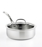 Brilliant good looks. Perfect gourmet results. Combining the long-lasting radiance of stainless steel with the superior  performance of a highly conductive, heavy-gauge aluminum core, the Calphalon Tri-Ply shallow saucepan makes it easy to prepare mouthwatering meals day after day -- each more memorable than the last. Lifetime warranty.