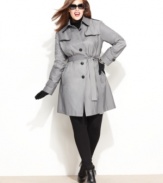 Grey skies are no match for DKNY's plus size trench coat.  Unique quilted rain flaps stand out at the shoulders and overlap in back for a sophisticated new take on a classic style.