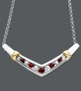 Shapely design with a bold touch of color. This v-shaped necklace features alternating, round-cut rubies (3/8 ct. t.w.) and white sapphires (3/8 ct. t.w.) in a polished sterling silver setting with 14k gold accents. Approximate length: 18 inches. Approximate drop: 1-1/2 inches.