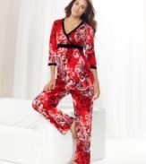 So smooth and colorful. This pajama set by Style&co features a top with velour at the neckline, under the bust and cuffs and roomy pants with a comfy elastic waistband.