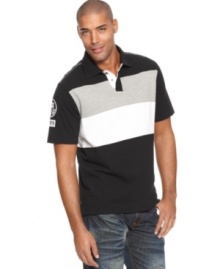 This Rocawear shirt boasts bold stripes and a classic polo fit.