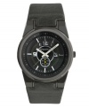 Cool and contemporary, gray makes a modern mark on this watch by Unlisted. Gray leather strap and round gunmetal ion-plated mixed metal case. Black dial features applied silver tone numerals and stick indices, minute track, subdial at six o'clock, three hands and logo. Quartz movement. Splash resistant. Two-year limited warranty.