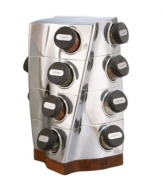 Bold flavors deserve bold design. Neil Cohen's Twist spice rack includes 16 delectable herbs and spices, from parsley to curry powder, in a tower of lustrous Nambe metal. A rotating base makes finding the right flavors and restocking bottles a cinch.