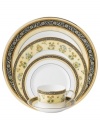 In 18th century England, Josiah Wedgwood, creator of the world famous Wedgwood ceramic ware, established a tradition of outstanding craftsmanship and artistry which continues today. The exotic India place settings present a pattern of exquisitely detailed, diminutive florals on a yellow and deep blue band against pure white bone china.