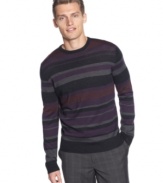 On the go and can't decide what to wear? This mellow multi-tone merino colored striped sweater by Calvin Klein goes well with jeans or slacks.