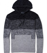 In the cold weather, rock this fade to light horizontal chunk stripe hooded sweater by Retrofit.