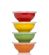 Keep your kitchen contained in a set of four prep bowls that stop mixes and messes from building up on your countertops. Each sturdy melamine bowl comes with a lid so you can always top off what you're working on and come back later. Limited lifetime warranty.