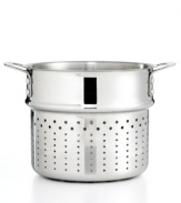 Introduce your stock pot to even more versatility. This durable stainless steel insert makes pasta preparation a real cinch, keeping cooking, straining and draining all in once place for less mess and more ease. The dishwasher-safe construction practically cleans itself, letting you enjoy dinner on the table . Lifetime warranty.