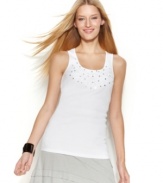 Elegant lace looks fresh on a fitted tank silhouette, from INC. Rhinestones provide a little extra sparkle and pizazz!