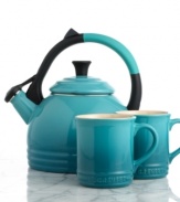 Tea up. A go-to gift idea, this mug & kettle set boasts a brilliant palette of Le Creuset's signature hues, plus, all the convenience and handcrafted excellence of the renowned French name. A stylish kettle and two matching stoneware mugs make tea & coffee time effortlessly simple and charming. 5-year limited warranty on mugs; 10-year limited warranty on kettle.