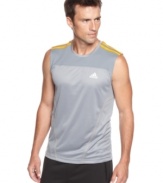 Power through. Raise your game with this sleeveless t-shirt from adidas featuring Climalite technology for moisture management.